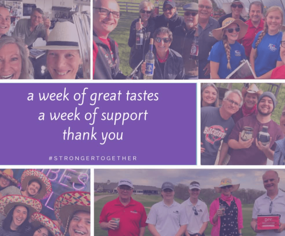 Individual photos of groups of friends. Text says, "A week of great tastes. A week of support. Thank you. #strongertogether."