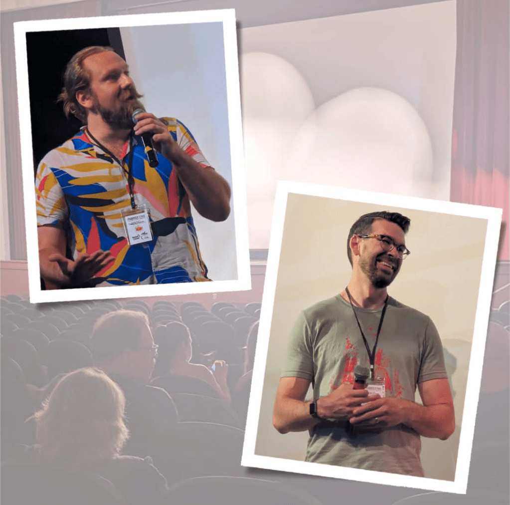 Two photos of filmmakers on theater stage, one photo of audience in a theater.